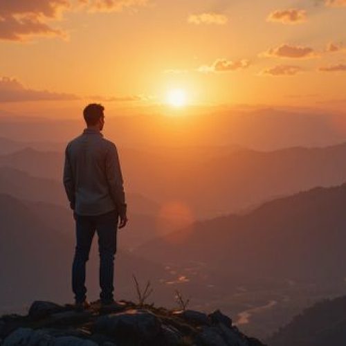 Pessoa contemplando o nascer do sol no topo da montanha, simbolizando o despertar interior por meio de frases que inspiram autoconhecimento.