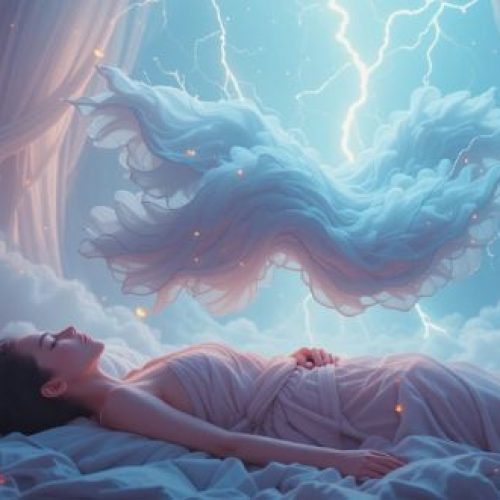Pessoa flutuando acima do corpo adormecido, cercada por luz brilhante e atmosfera mística.