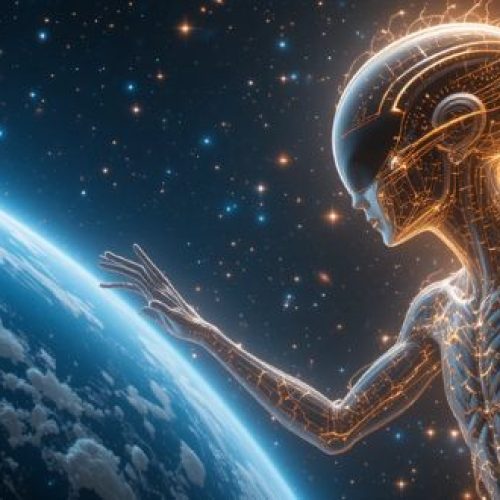 Ser de luz cósmico representando a conexão entre civilizações estelares e a humanidade.