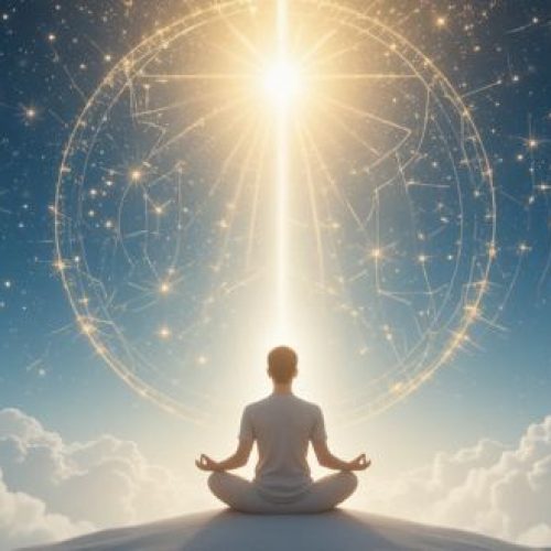 Pessoa meditando enquanto seres dimensionais irradiam luz ao seu redor.