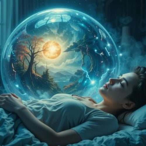 Pessoa deitada na cama com uma bolha de sonho brilhante acima da cabeça, mostrando uma cena vívida.