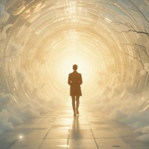 Pessoa atravessando um túnel de luz representando o início de uma profunda transformação psicológica após uma EQM.