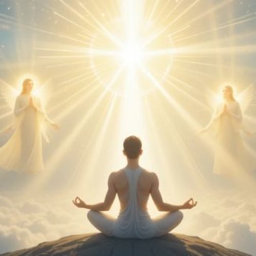 Tipos de Seres de Luz protegendo e iluminando um ser humano em meditação.