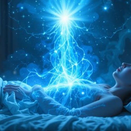 Representação artística da projeção astral durante o sono, com o corpo espiritual se desprendendo suavemente.