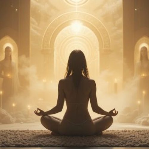 Pessoa meditando e recebendo luz dos guias espirituais em um espaço sagrado.