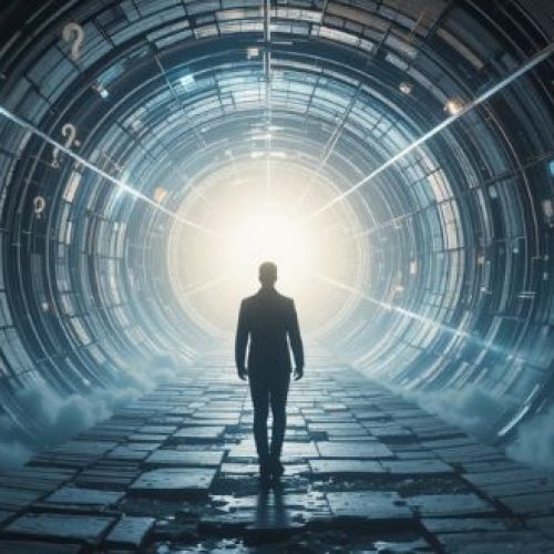 Pessoa caminhando por um túnel de luz cercado por perguntas, representando a busca por respostas sobre as EQMs.