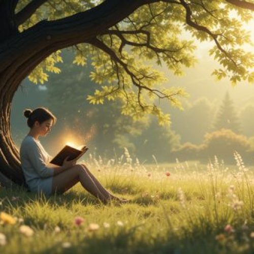 Cena serena de uma pessoa lendo um livro iluminado sob uma árvore, simbolizando o início da jornada de autoconhecimento.