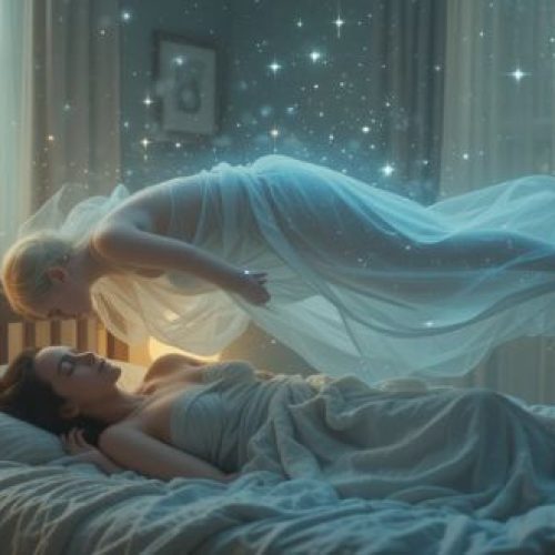 Pessoa flutuando acima do corpo enquanto dorme, com brilho etéreo e atmosfera espiritual.