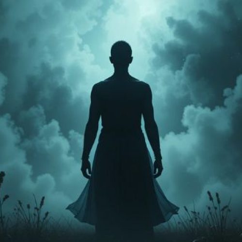 Pessoa cercada por sombras, simbolizando baixa vibração energética.