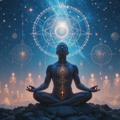 Meditação profunda conectando com seres espirituais de alta vibração.