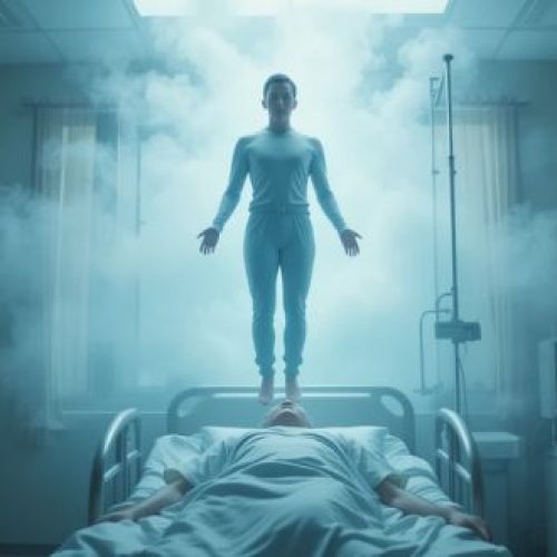 Pessoa flutuando sobre seu corpo em hospital, envolta por uma luz suave, representando uma experiência de quase morte.