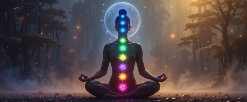 Mulher em meditação com os sete chakras brilhando ao longo da coluna em um fundo cósmico.