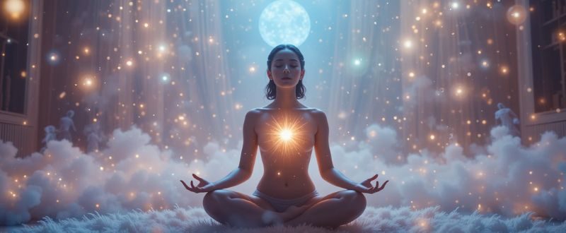 Pessoa em oração recebendo luz no coração, simbolizando orientação espiritual.