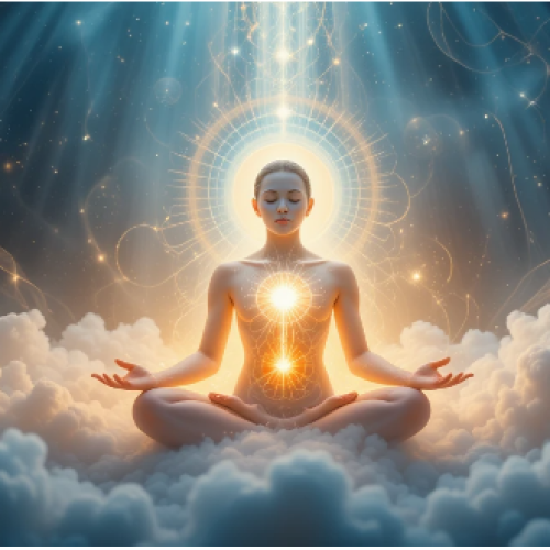 Uma cena espiritual serena mostrando uma pessoa cercada por uma aura suave e brilhante, com energia fluindo pelos chakras. Feixes de luz, gradientes sutis de cores e elementos cósmicos ao fundo simbolizam cura e energias sutis.