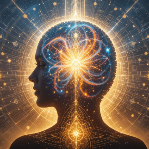 Cabeça com a ilustração de um universo dentro de um cerebro dando a alusão de filosofias e leis universais sobre a espiritualidade.