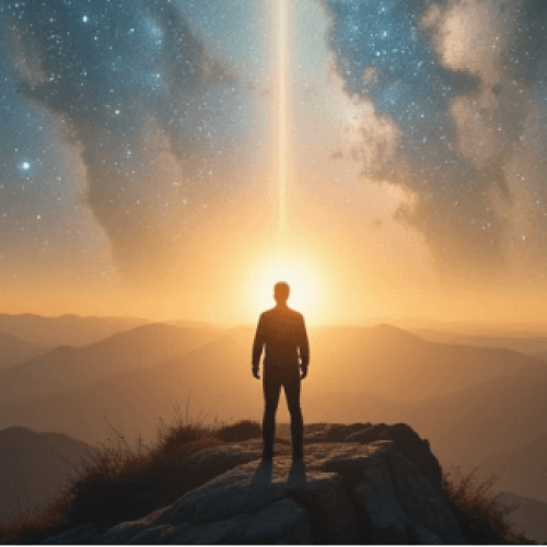 Uma pessoa em pé na beira de uma montanha ao nascer do sol, com a luz brilhando sobre ela. O fundo mostra um céu cósmico em harmonia com a natureza, simbolizando o despertar espiritual e a jornada interior. 