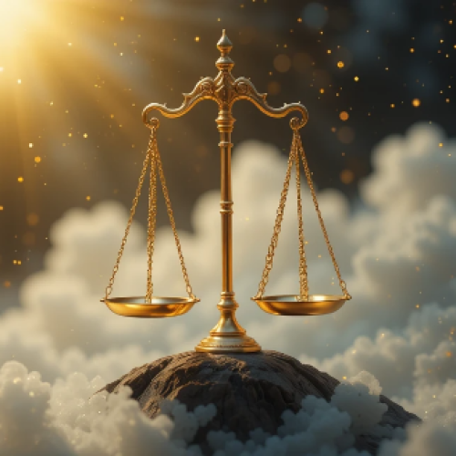Uma balança dourada flutuando em um ambiente etéreo (representando justiça espiritual)