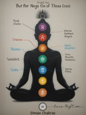 Ilustração dos sete chakras principais alinhados no corpo humano com nomes e núcleos para o bem do chakras e saúde.