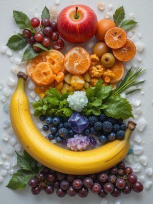 Frutas e cristais coloridos organizados de acordo com os sete chakras.
