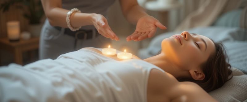 Sessão de cura energética com luzes suaves nos chakras do corpo.