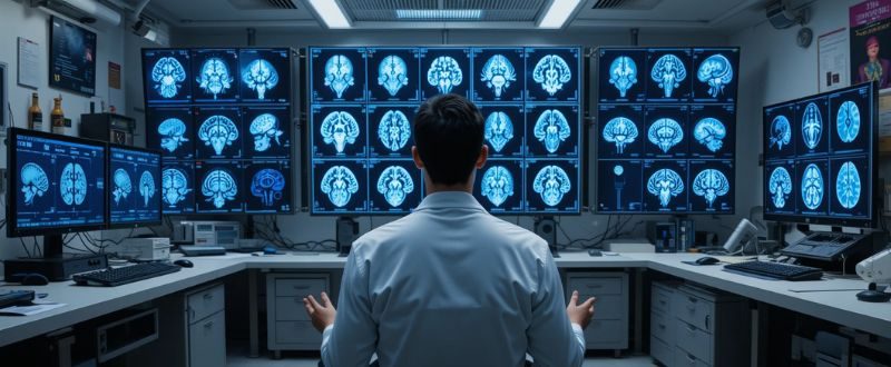 Cientistas analisando imagens cerebrais de uma pessoa meditando em laboratório moderno.