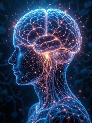 Visualização futurista das conexões neurais do cérebro durante a meditação.