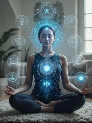 Pessoa meditando em casa com ícones flutuantes representando foco, saúde, paz interior, ciência moderna e a meditação.