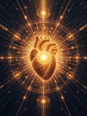 Coração humano irradiando ondas douradas de energia, simbolizando a ciência e energia de cura.
