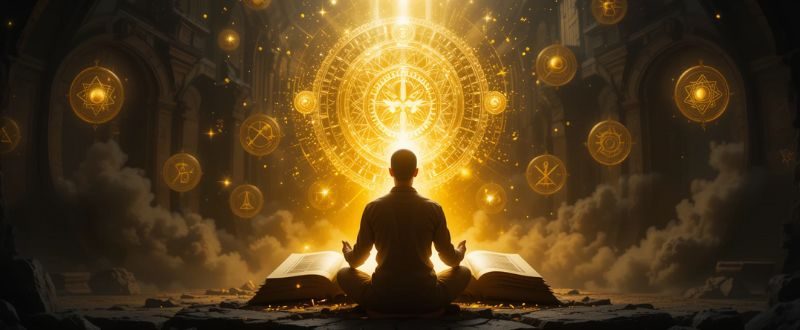 Livro antigo brilhante se abrindo diante de uma pessoa em meditação, com símbolos herméticos no ar.