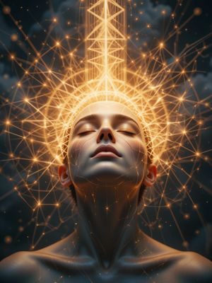 Pessoa de olhos fechados com pensamentos se transformando em realidade energética.