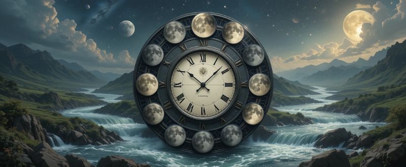 Relógio artístico cercado por fases da lua e rios fluindo.