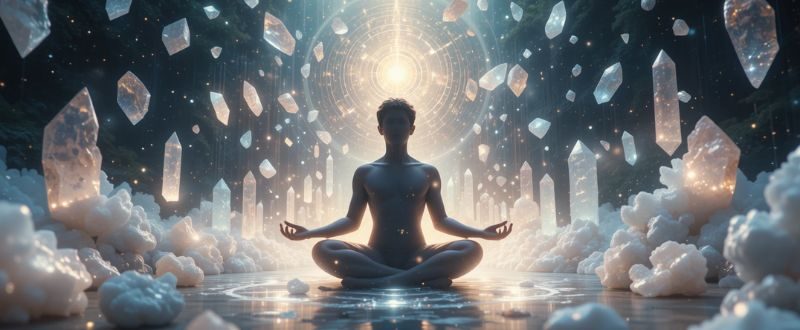 Pessoa meditando cercada por cristais e frequências de luz, representando como aumentar sua vibração com sons e cristais.