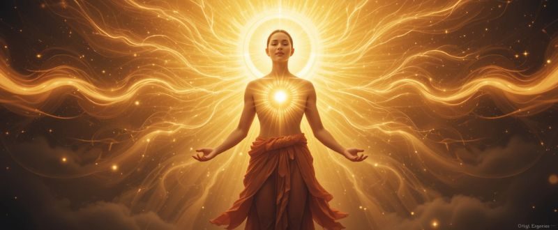Pessoa com o coração irradiando ondas de energia, simbolizando o resultado de como aumentar sua vibração.