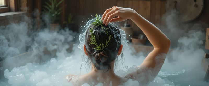 Pessoa tomando um banho de ervas com alecrim e manjericão.