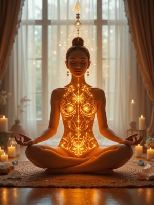 Pessoa meditando envolta por uma luz dourada.