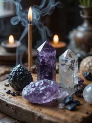Cristais de proteção sobre um altar de madeira com incenso ao fundo, mostrando em Como Proteger e Limpar Seu Campo Energético Diariamente.