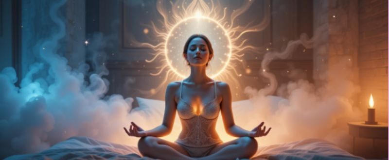 Pessoa meditando envolta por luz branca, representando proteção energética.