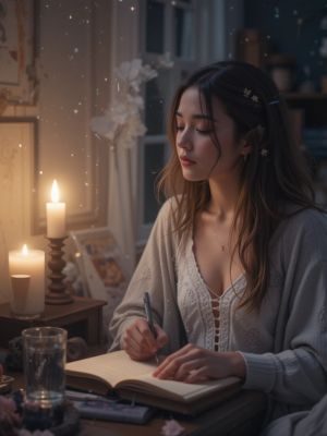 Pessoa escrevendo sobre sua experiência astral com expressão tranquila.