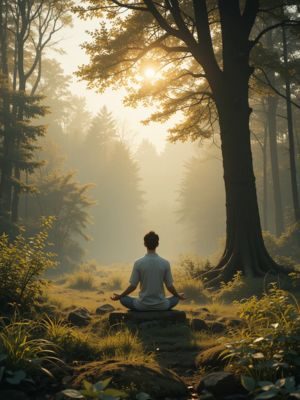 Pessoa meditando em posição de lótus em um local tranquilo, representando busca por paz durante crises existenciais e despertar espiritual.
