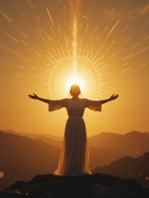 Pessoa de pé, sorrindo, de braços abertos sob uma luz dourada, simbolizando o renascimento após crises existenciais e despertar espiritual.