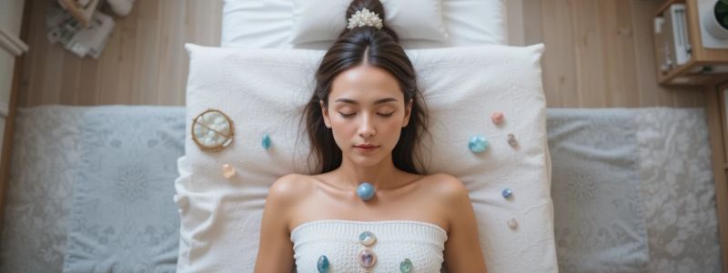 Pessoa deitada cristais com posicionamentos sobre os chakras do corpo.