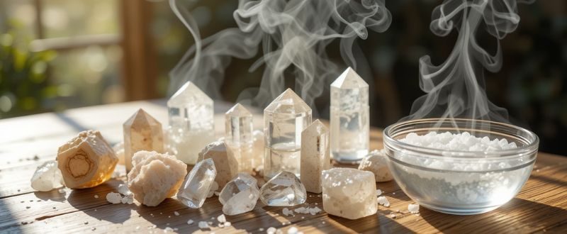Cristais sendo limpos com luz solar, sálvia e água com sal.