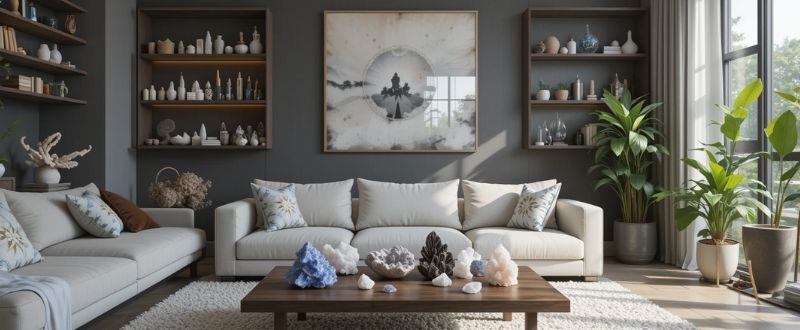 Cristais posicionados em diferentes locais de uma sala para harmonizar o ambiente.