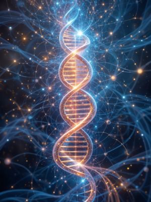 Ilustração de DNA emitindo luz conectado com ondas cósmicas