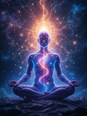 Pessoa meditando com hélice de DNA brilhando dentro do corpo