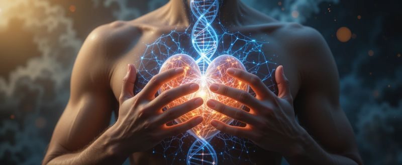 Pessoa com mãos no coração e DNA brilhando no peito conectado à luz cósmica