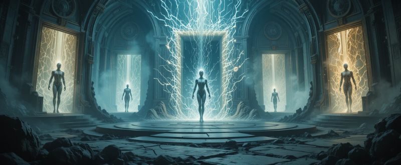Representação abstrata de seres dimensionais emergindo de portais interdimensionais, com formas energéticas e futuristas.