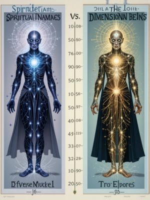 Gráfico comparativo lado a lado entre seres espirituais e seres dimensionais, com campos energéticos e descrições visuais.