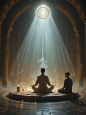 Pessoa meditando em espaço sagrado, cercada por luz, observada pacificamente por um ser espiritual e um ser dimensional.
