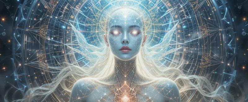 Ser interdimensional com forma translúcida e padrões geométricos de energia.